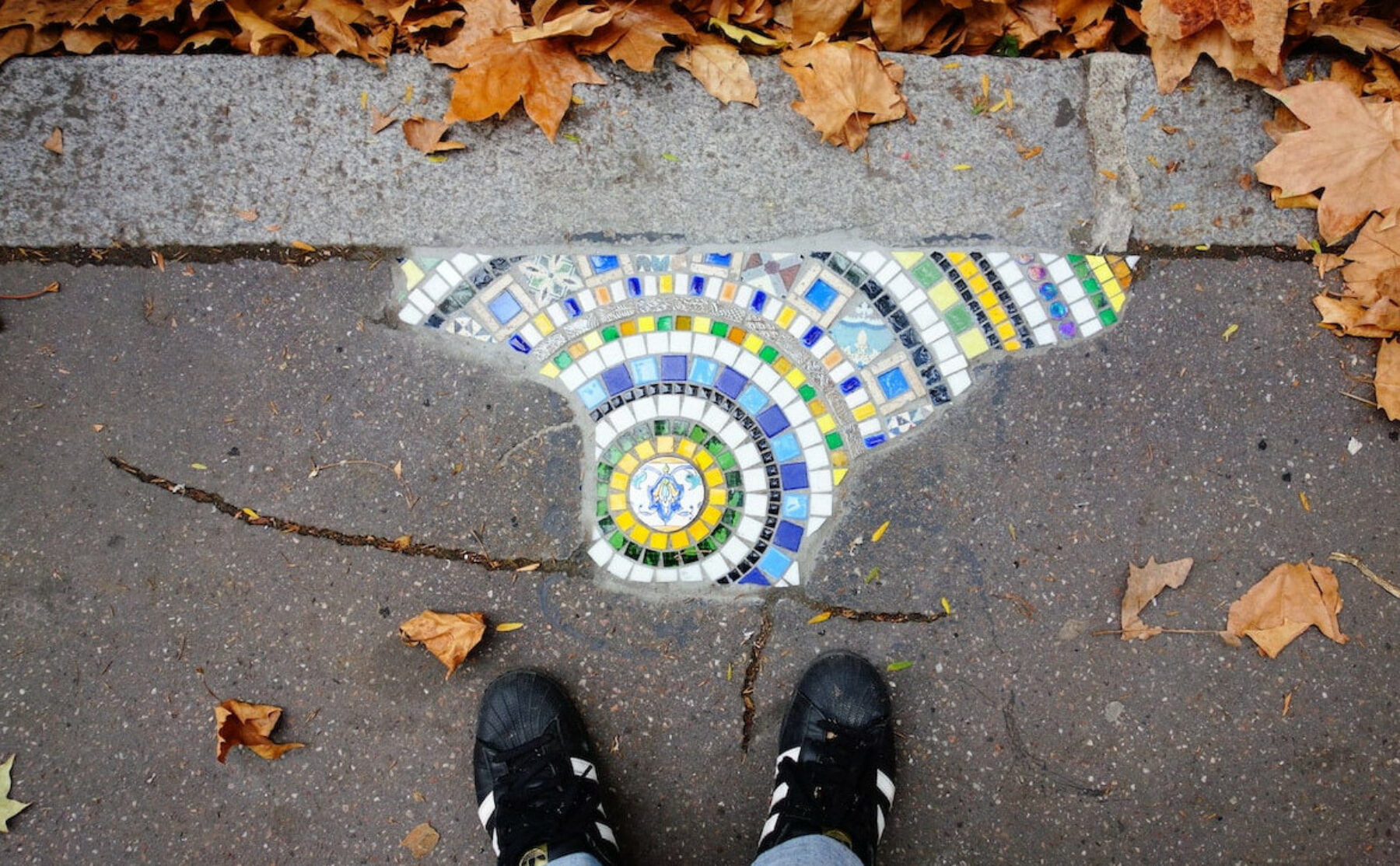 Image for The guerrilla artist filling Europe’s potholes with colourful mosaics